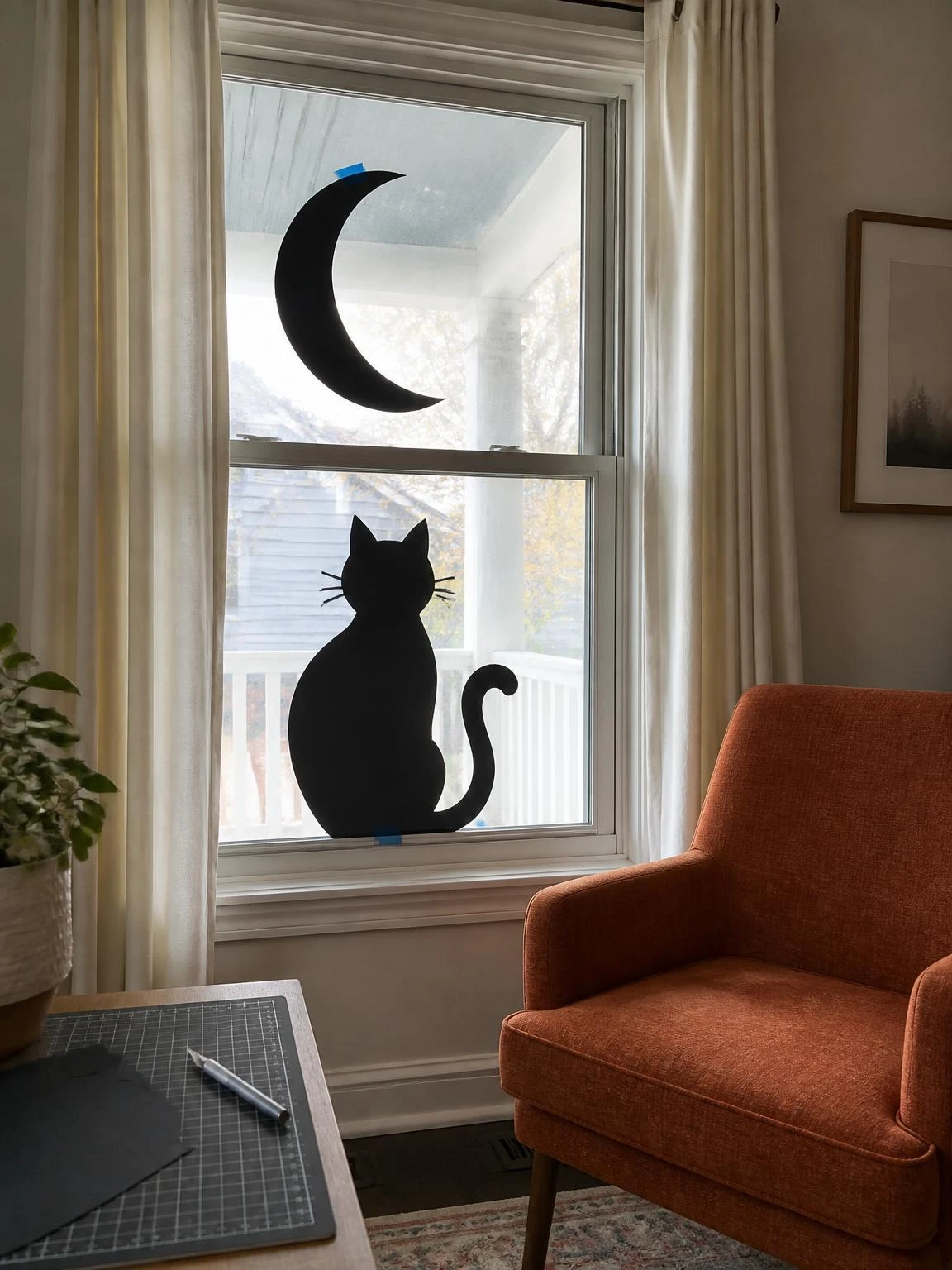 Halloween window silhouette with a black cat and crescent moon brightened by daylight in an attainable living room setup